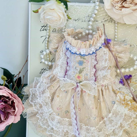 Customizable Ivory Floral Pet Dress with Ruffles and Lace Bow