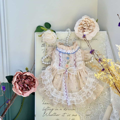 Customizable Ivory Floral Pet Dress with Ruffles and Lace Bow