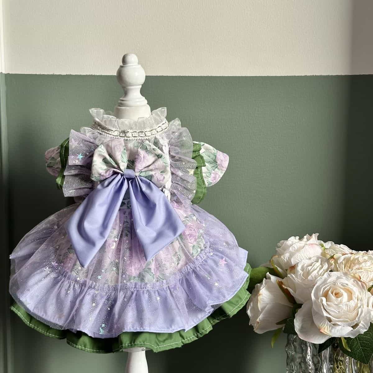 Customizable Lavender Floral Pet Dress with Ruffles and Large Bow