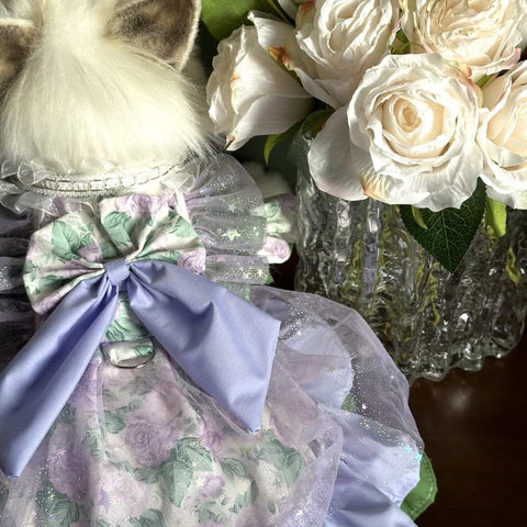 Customizable Lavender Floral Pet Dress with Ruffles and Large Bow