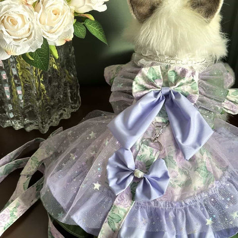 Customizable Lavender Floral Pet Dress with Ruffles and Large Bow