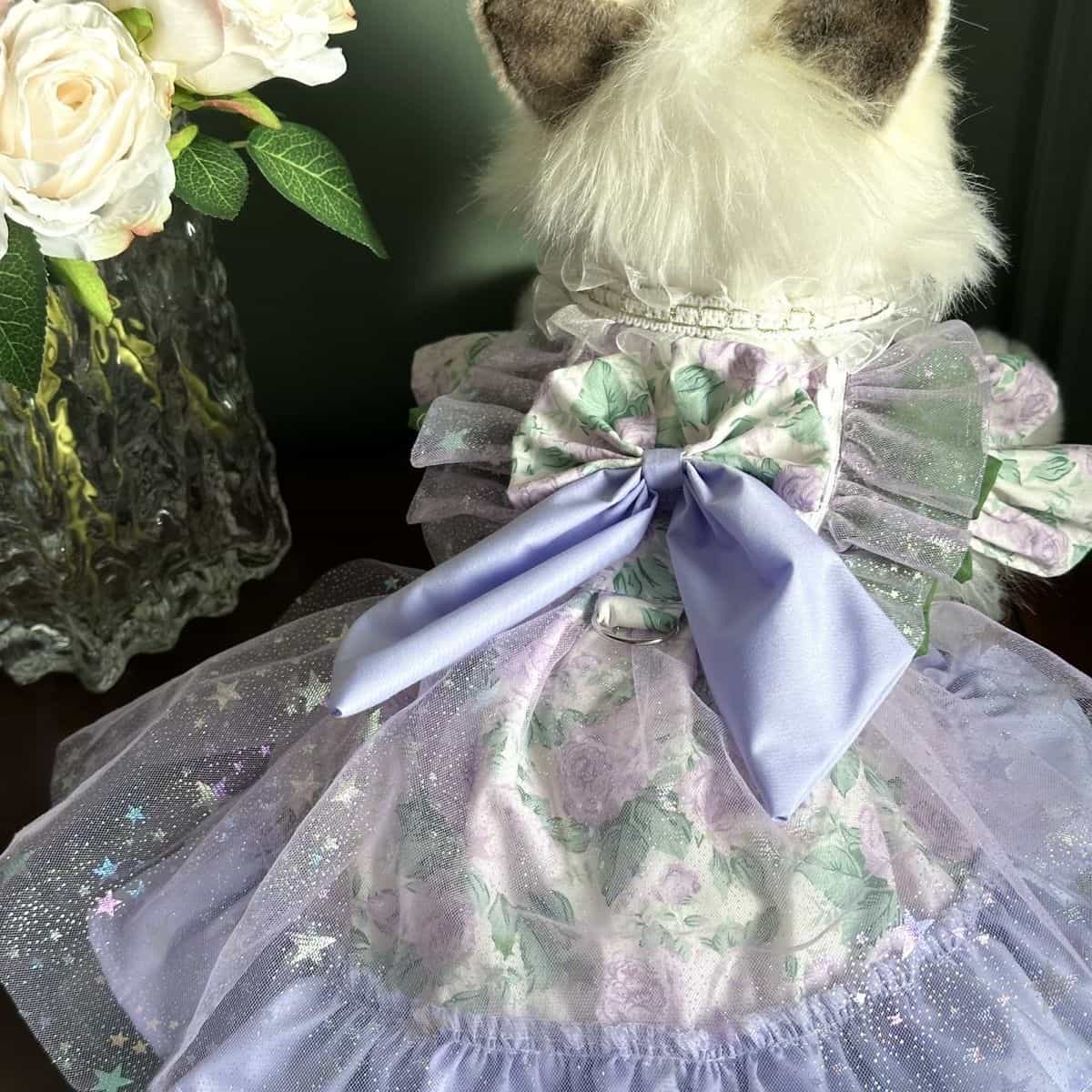Customizable Lavender Floral Pet Dress with Ruffles and Large Bow