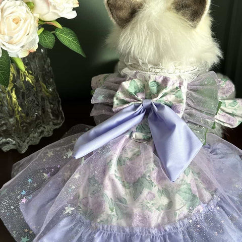 Customizable Lavender Floral Pet Dress with Ruffles and Large Bow