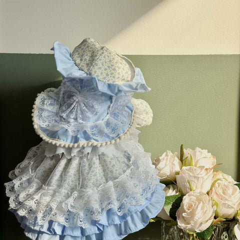 Customizable Charming Pet Dress in Sky Blue with Lace Ruffles and Bow Details