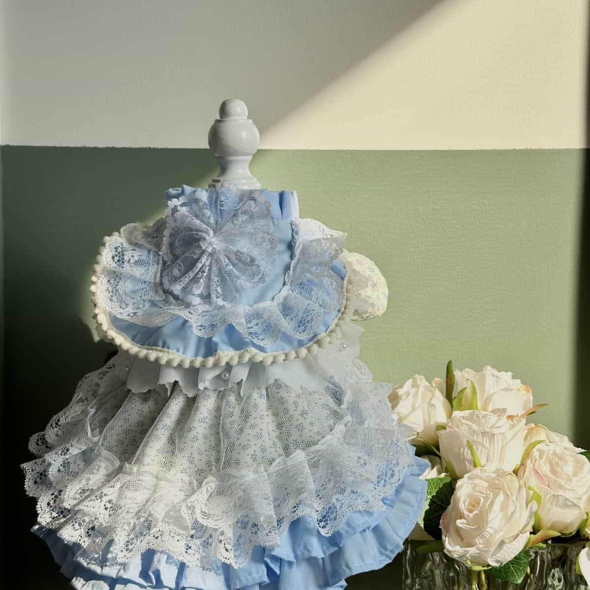 Customizable Charming Pet Dress in Sky Blue with Lace Ruffles and Bow Details