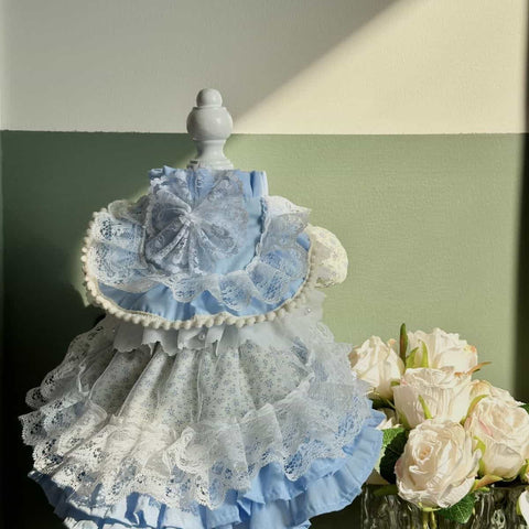 Customizable Charming Pet Dress in Sky Blue with Lace Ruffles and Bow Details
