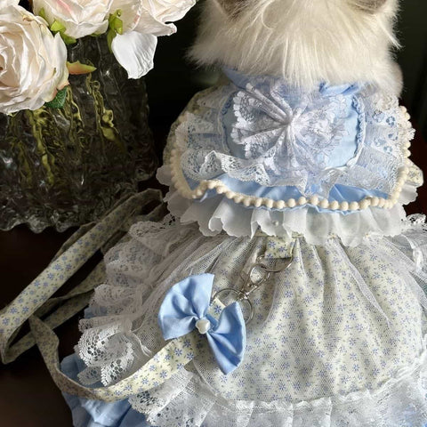 Customizable Charming Pet Dress in Sky Blue with Lace Ruffles and Bow Details