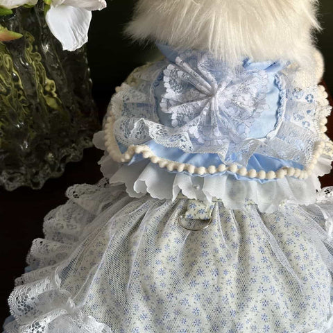 Customizable Charming Pet Dress in Sky Blue with Lace Ruffles and Bow Details