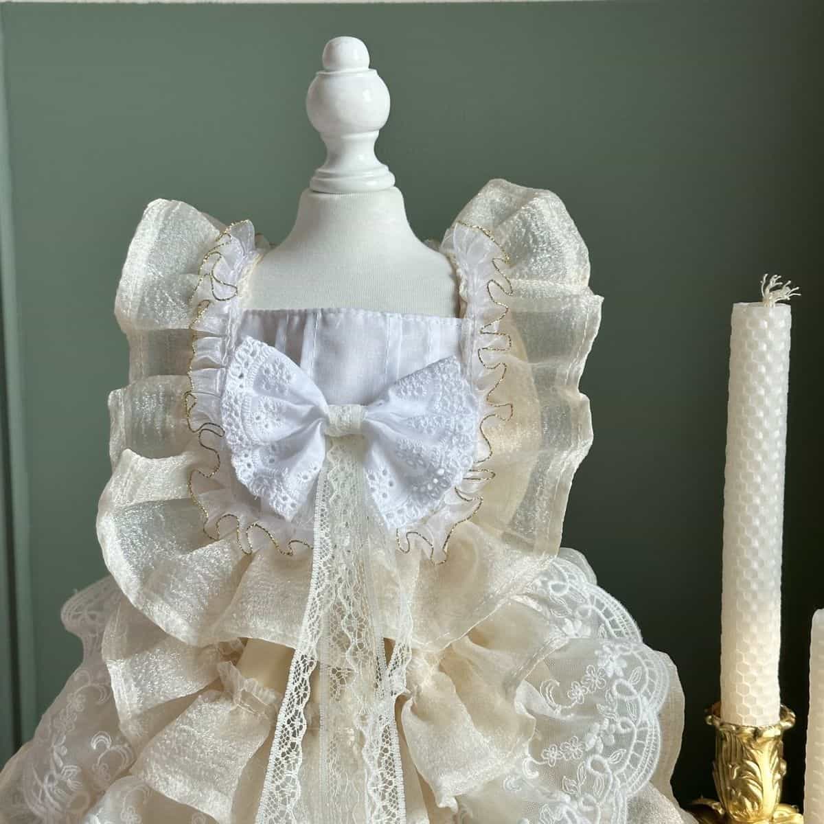 Customizable Elegant Cream Pet Dress with Ruffles and Oversized Bow