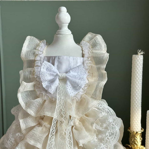 Customizable Elegant Cream Pet Dress with Ruffles and Oversized Bow