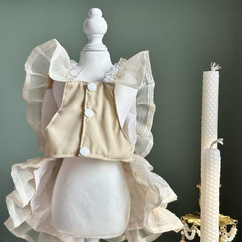 Customizable Elegant Cream Pet Dress with Ruffles and Oversized Bow