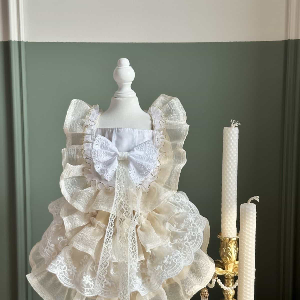 Customizable Elegant Cream Pet Dress with Ruffles and Oversized Bow