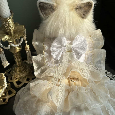 Customizable Elegant Cream Pet Dress with Ruffles and Oversized Bow