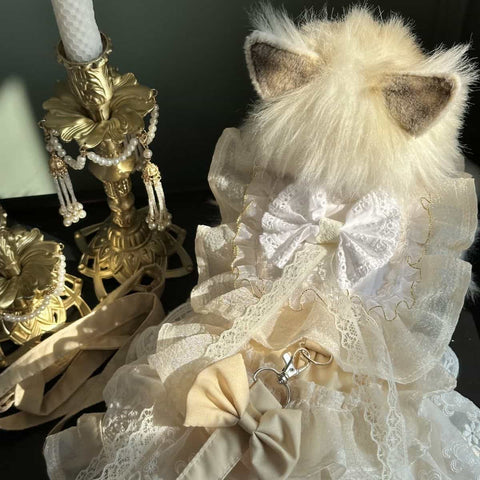 Customizable Elegant Cream Pet Dress with Ruffles and Oversized Bow