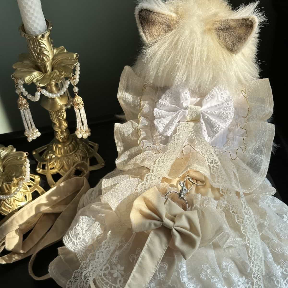 Customizable Elegant Cream Pet Dress with Ruffles and Oversized Bow