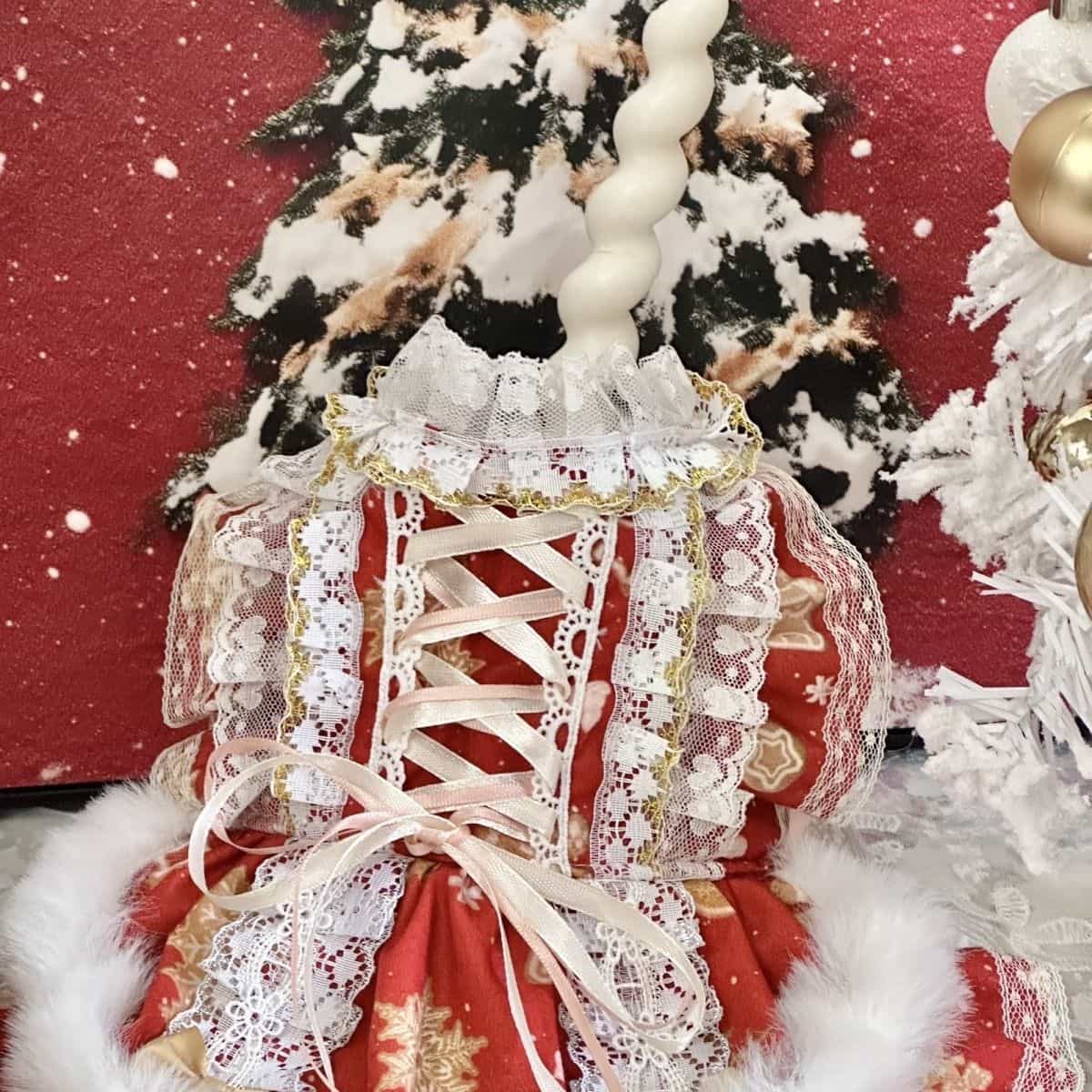 Customizable Red Lace-Up Pet Dress with Fur Trim and Elegant Details