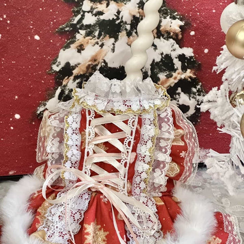 Customizable Red Lace-Up Pet Dress with Fur Trim and Elegant Details