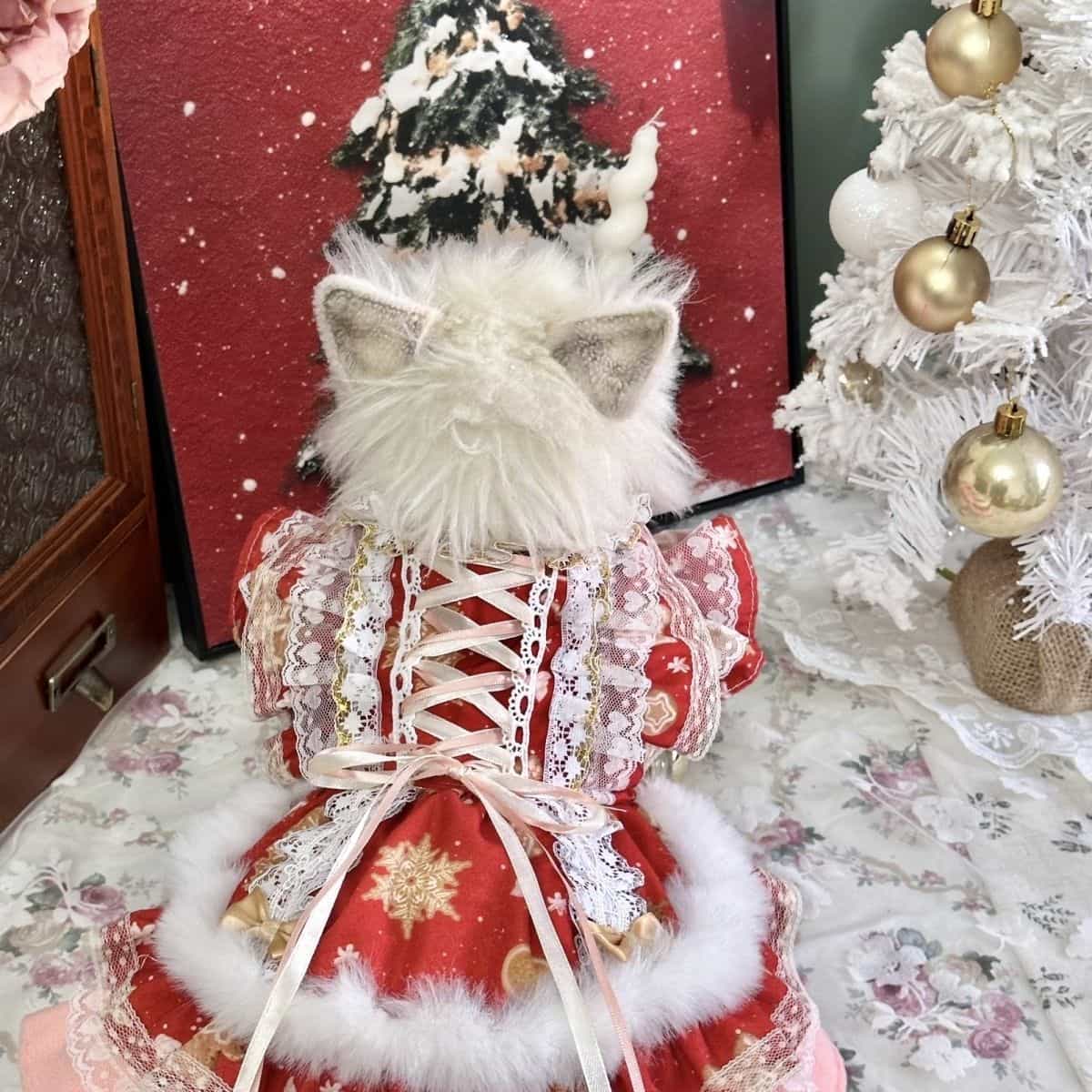 Customizable Red Lace-Up Pet Dress with Fur Trim and Elegant Details