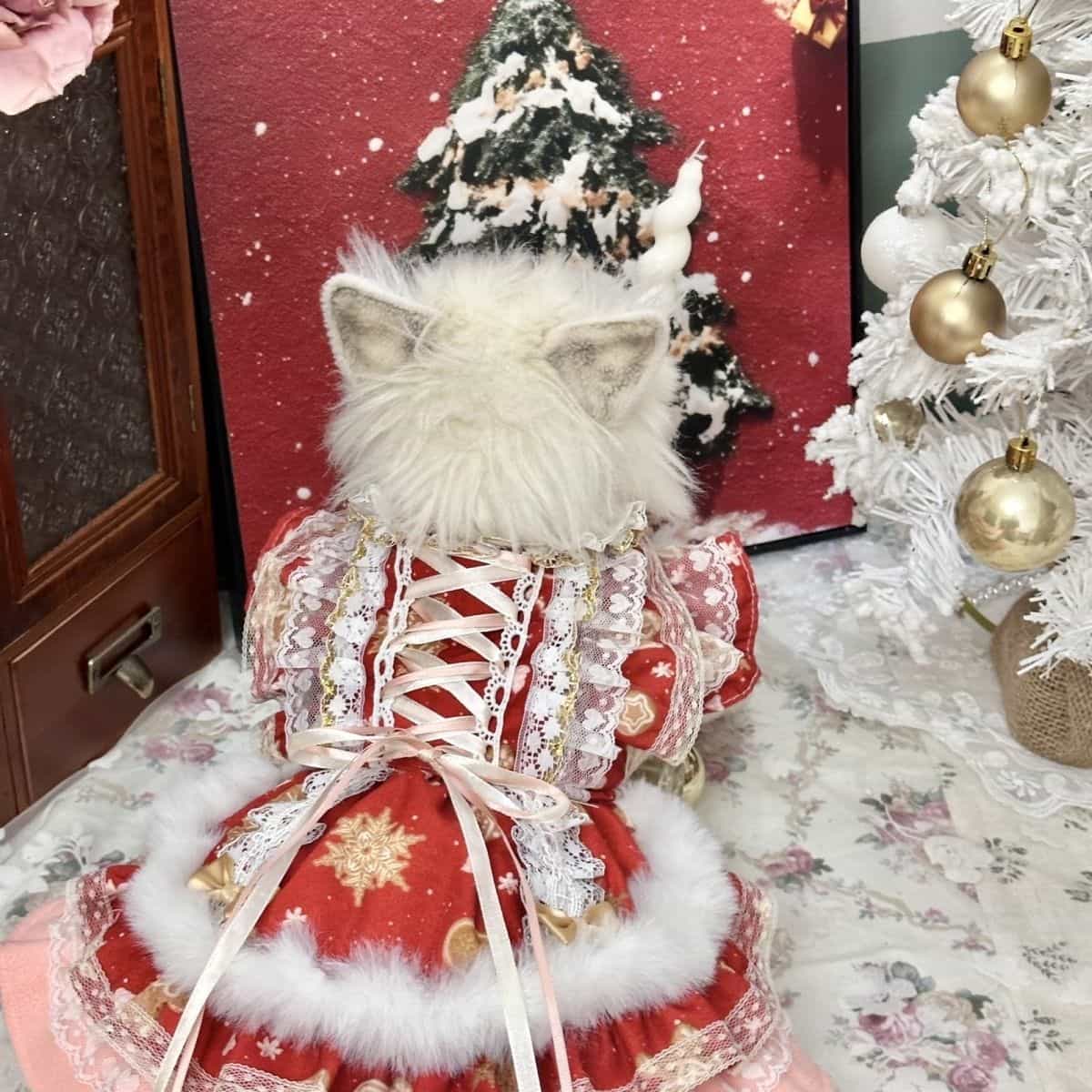 Customizable Red Lace-Up Pet Dress with Fur Trim and Elegant Details
