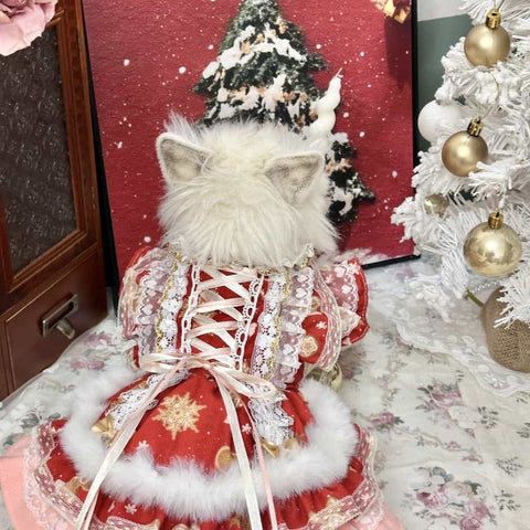 Customizable Red Lace-Up Pet Dress with Fur Trim and Elegant Details