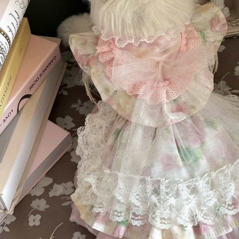 Customizable Floral Pet Dress with Ruffled Hem and Elegant Collar