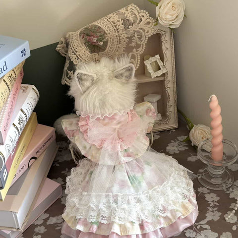 Customizable Floral Pet Dress with Ruffled Hem and Elegant Collar