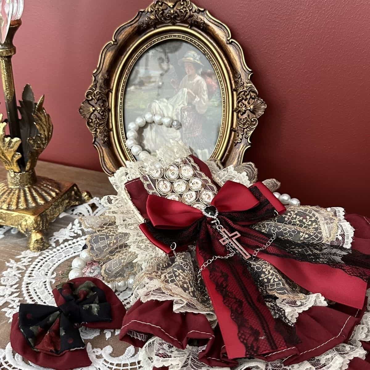 Customizable Vintage-Inspired Pet Dress in Deep Red with Black Lace and Charm Accents