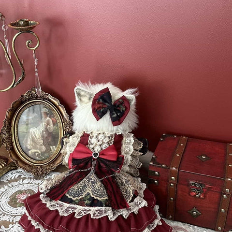 Customizable Vintage-Inspired Pet Dress in Deep Red with Black Lace and Charm Accents