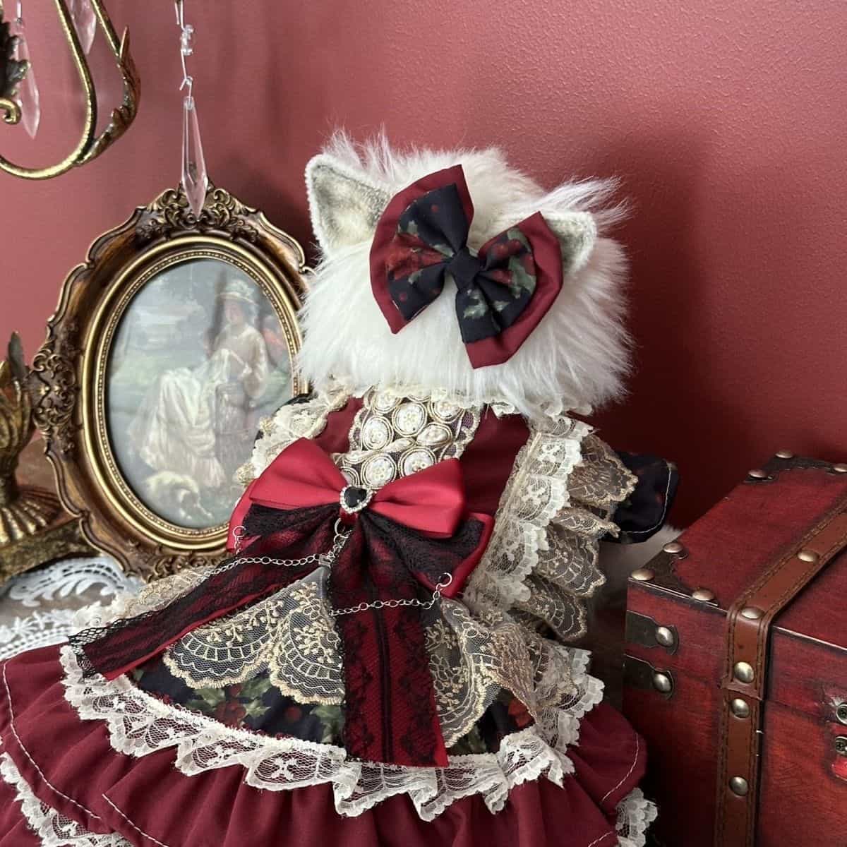 Customizable Vintage-Inspired Pet Dress in Deep Red with Black Lace and Charm Accents
