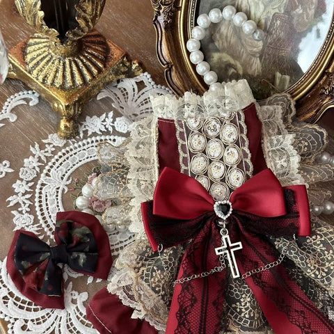 Customizable Vintage-Inspired Pet Dress in Deep Red with Black Lace and Charm Accents