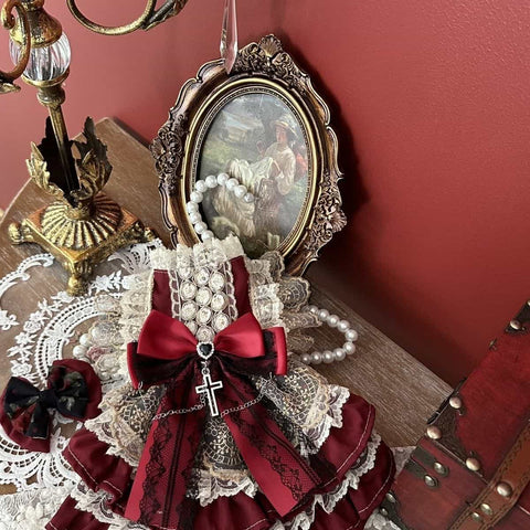 Customizable Vintage-Inspired Pet Dress in Deep Red with Black Lace and Charm Accents