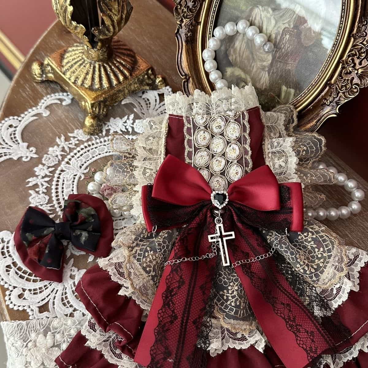 Customizable Vintage-Inspired Pet Dress in Deep Red with Black Lace and Charm Accents