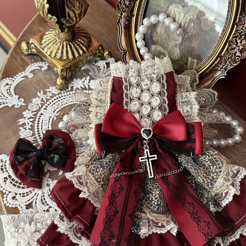 Customizable Vintage-Inspired Pet Dress in Deep Red with Black Lace and Charm Accents