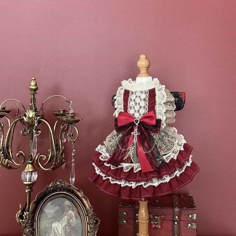 Customizable Vintage-Inspired Pet Dress in Deep Red with Black Lace and Charm Accents