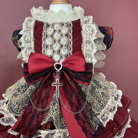 Customizable Vintage-Inspired Pet Dress in Deep Red with Black Lace and Charm Accents