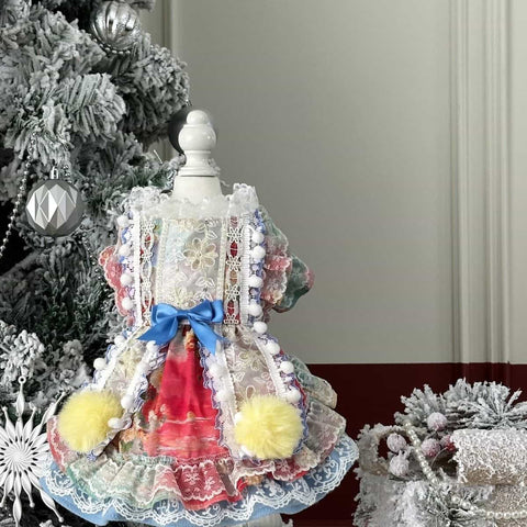Customizable Colorful Pet Dress with Pom Poms and Lace Details