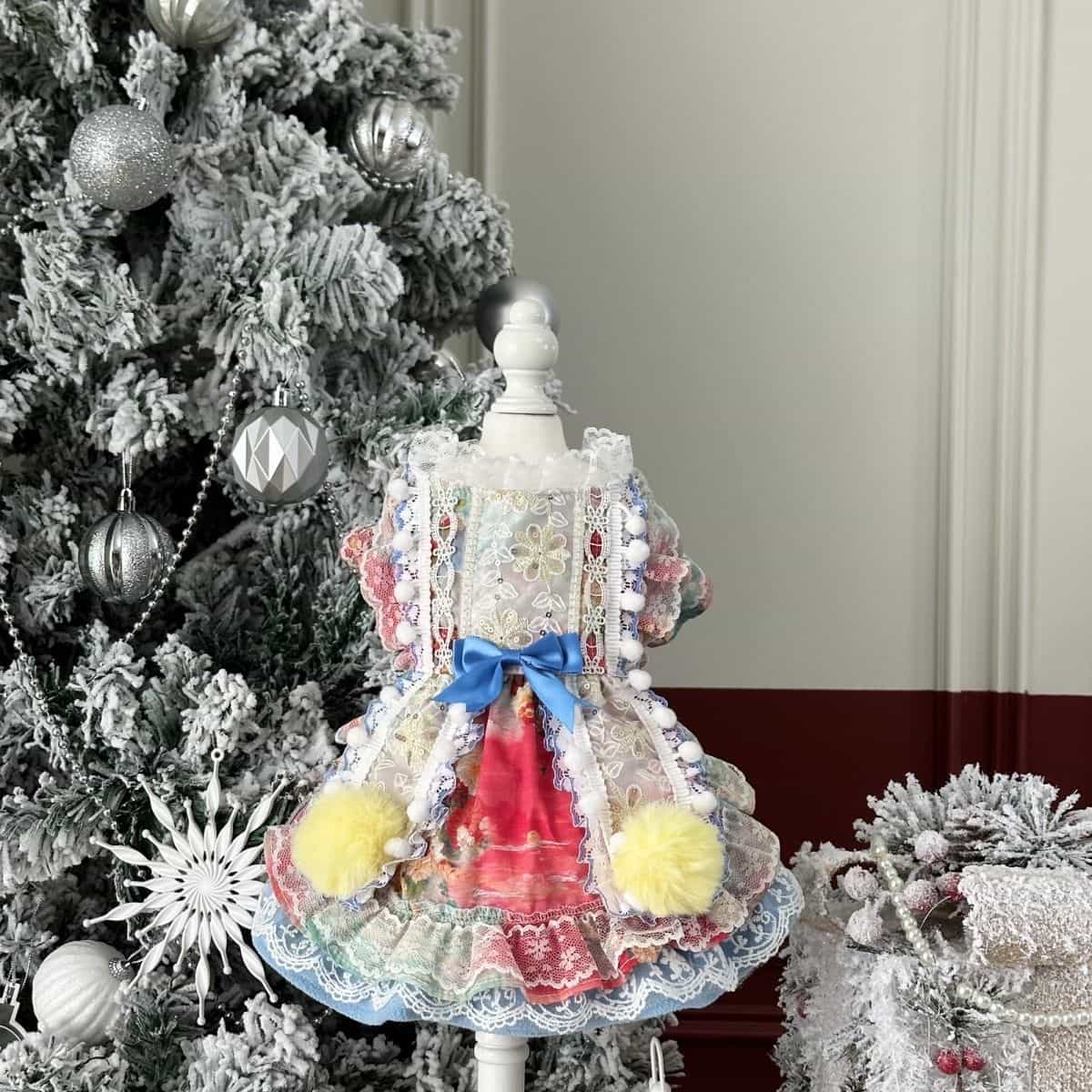Customizable Colorful Pet Dress with Pom Poms and Lace Details