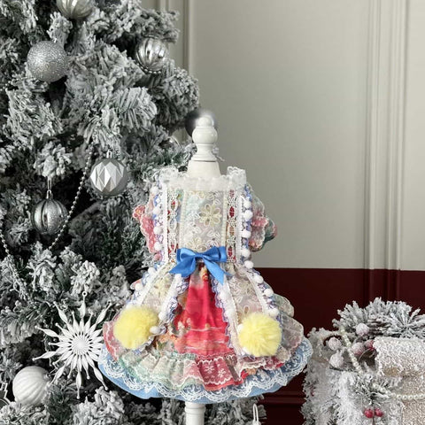 Customizable Colorful Pet Dress with Pom Poms and Lace Details