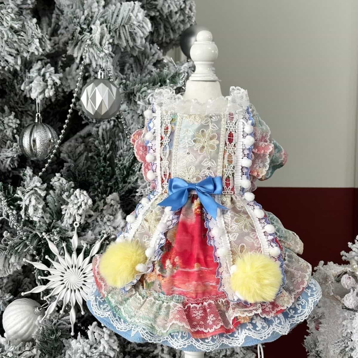 Customizable Colorful Pet Dress with Pom Poms and Lace Details
