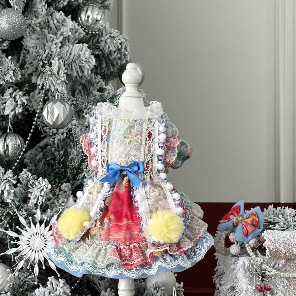 Customizable Colorful Pet Dress with Pom Poms and Lace Details