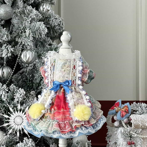 Customizable Colorful Pet Dress with Pom Poms and Lace Details