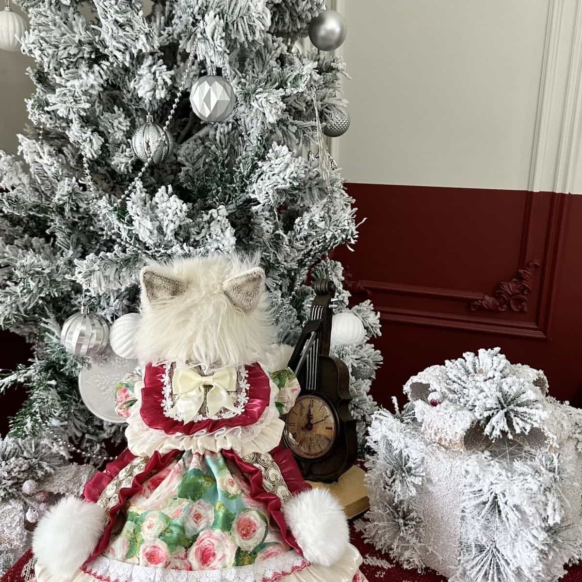 Customizable Charming Pet Dress in Cream and Burgundy with Floral Print and Fur Pom-Poms