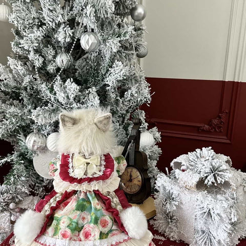 Customizable Charming Pet Dress in Cream and Burgundy with Floral Print and Fur Pom-Poms