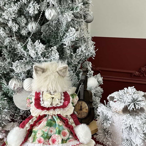 Customizable Charming Pet Dress in Cream and Burgundy with Floral Print and Fur Pom-Poms