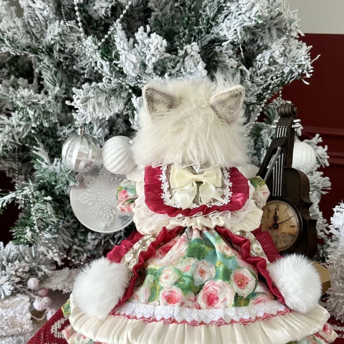 Customizable Charming Pet Dress in Cream and Burgundy with Floral Print and Fur Pom-Poms