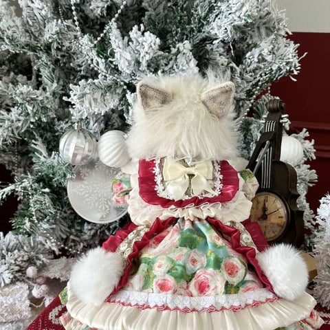 Customizable Charming Pet Dress in Cream and Burgundy with Floral Print and Fur Pom-Poms