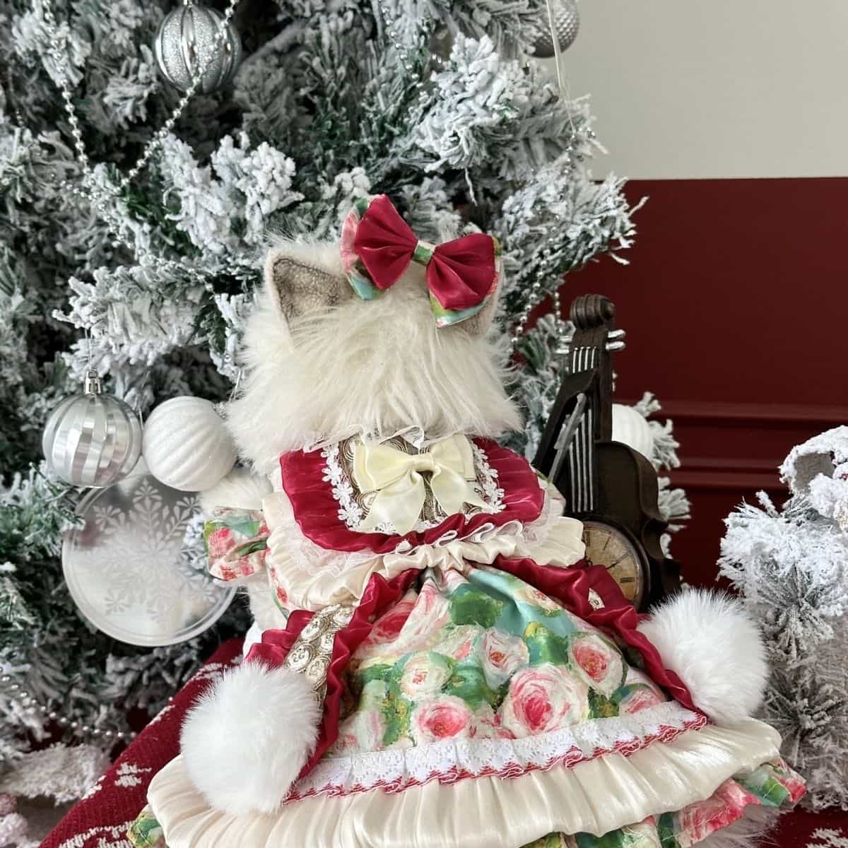 Customizable Charming Pet Dress in Cream and Burgundy with Floral Print and Fur Pom-Poms