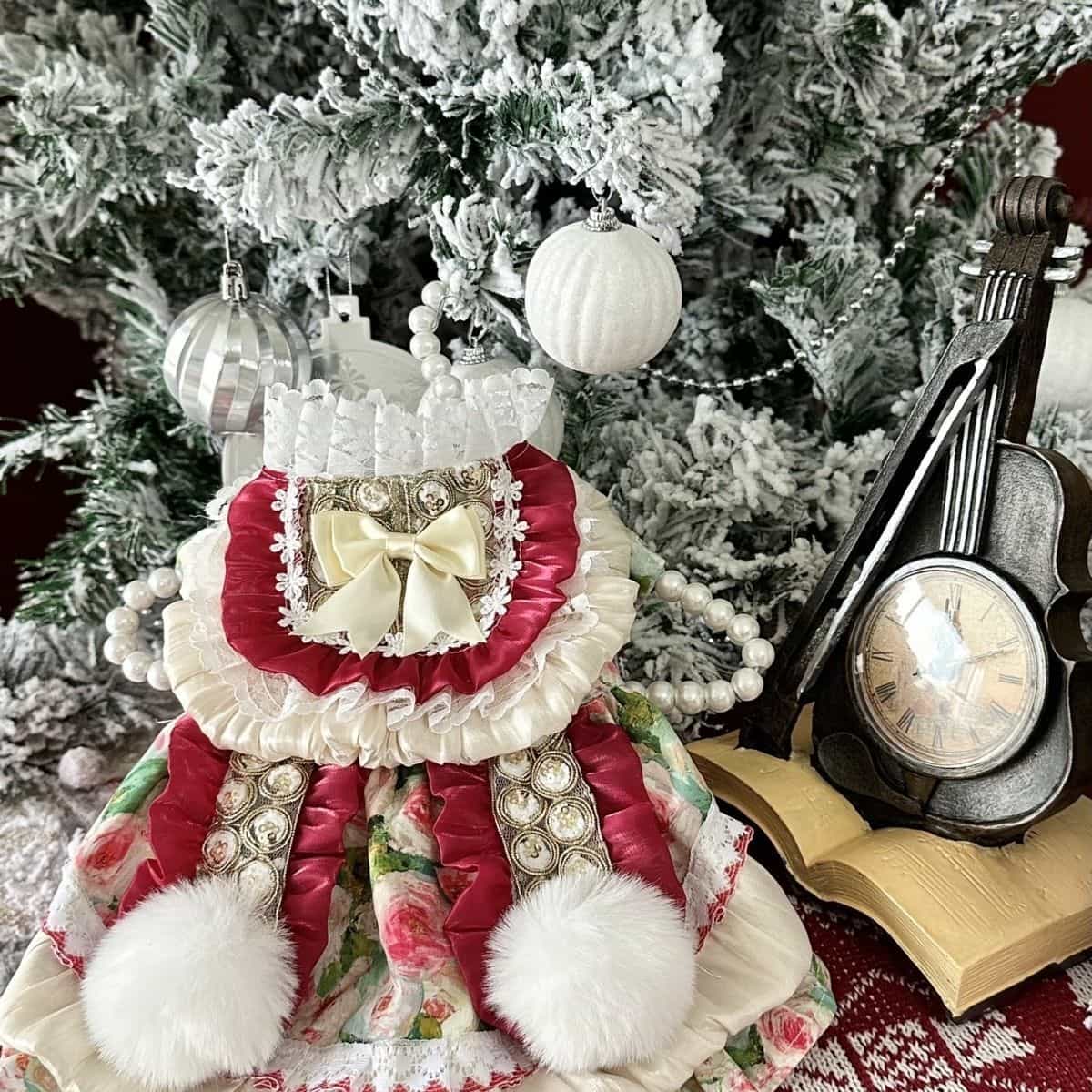 Customizable Charming Pet Dress in Cream and Burgundy with Floral Print and Fur Pom-Poms