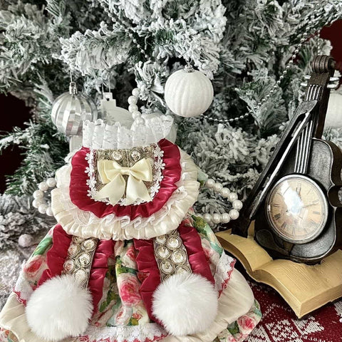 Customizable Charming Pet Dress in Cream and Burgundy with Floral Print and Fur Pom-Poms