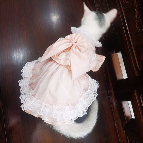Customizable Sweet Pet Dress in Soft Pink with Lace Ruffles and a Large Bow